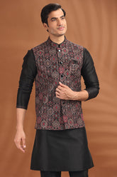 Black Silk Kurta Pajama with Embroidered Jacket